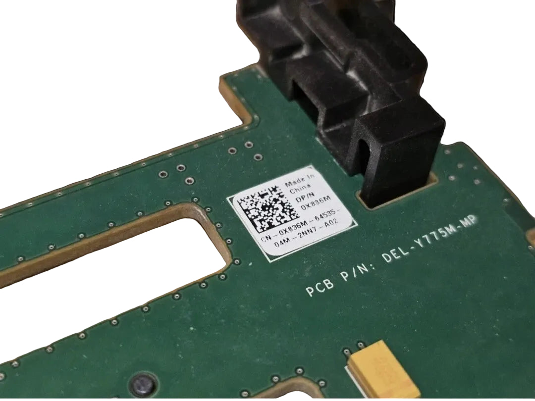 Close-up of a green circuit board with a label and QR code on a black background