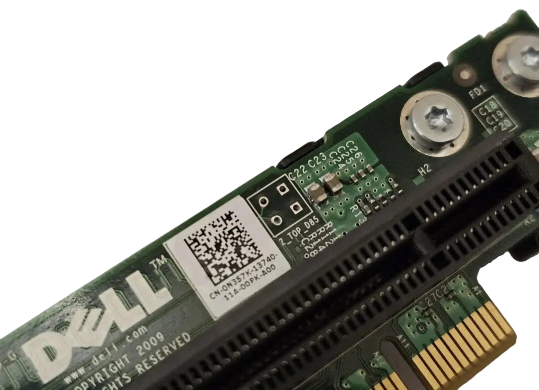Close-up of a Dell computer component with a QR code label on a white background