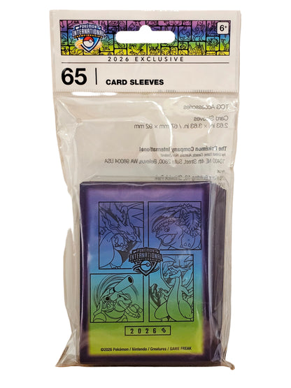 Card sleeves packaging with card designs on a tiled floor background