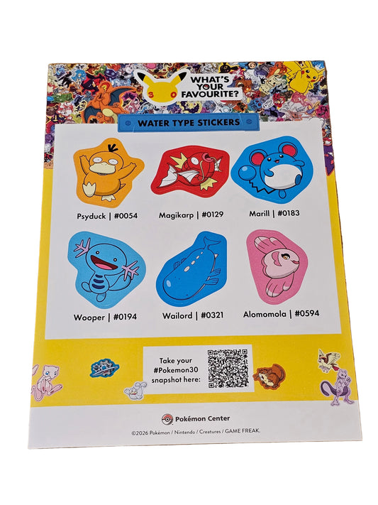 Sheet of Pokémon stickers on a wooden surface