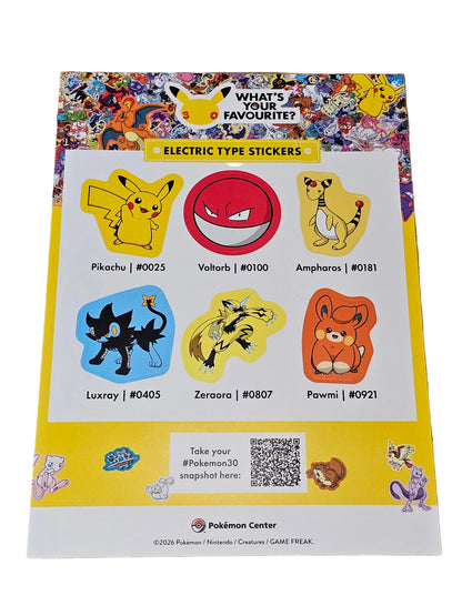 Sheet of electric type Pokémon stickers on a wooden surface