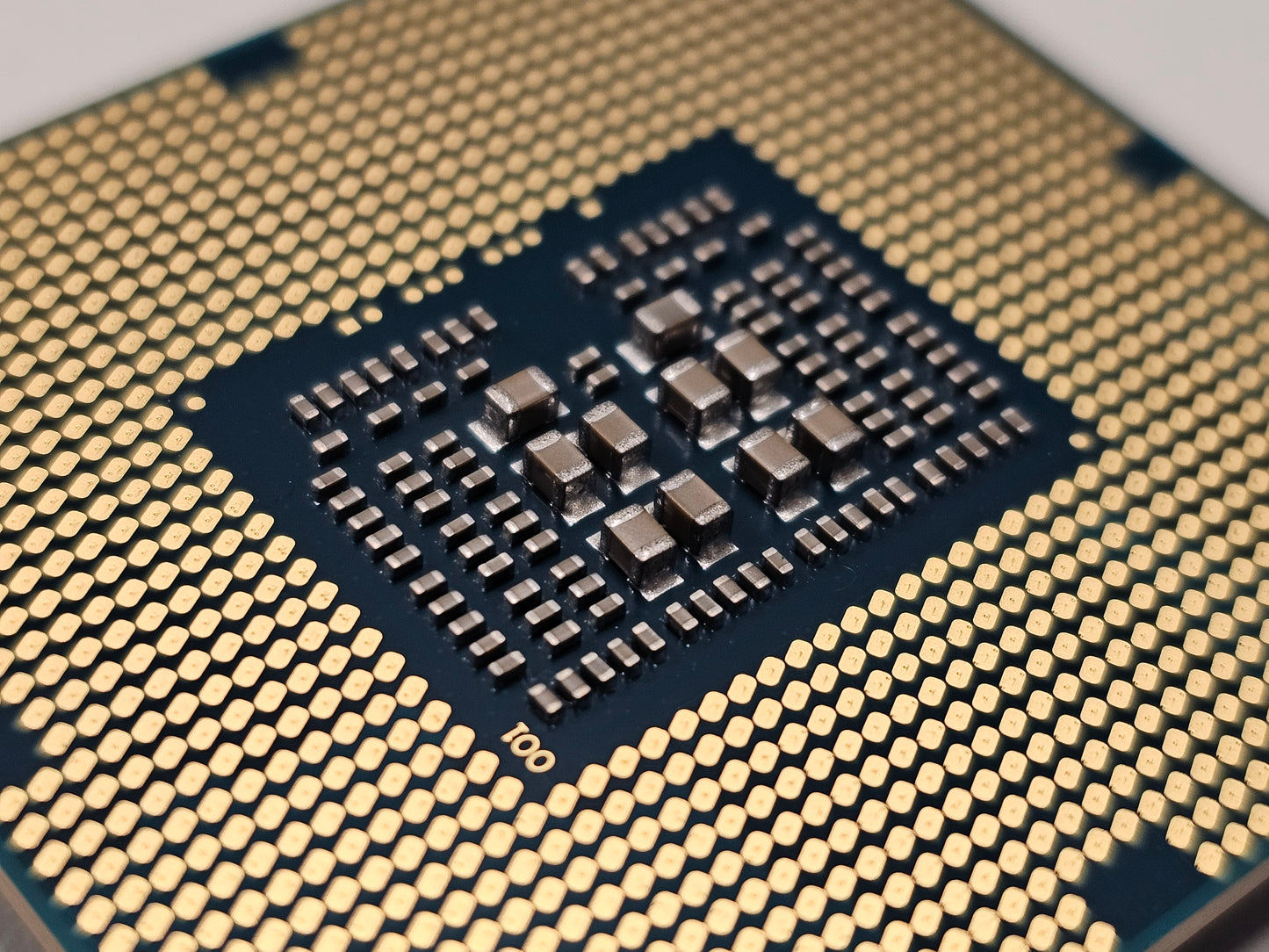 Close-up of a computer processor with a detailed layout