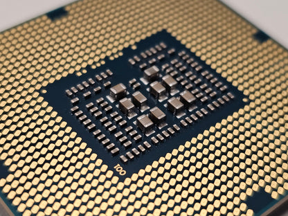 Close-up of a computer processor with a detailed layout