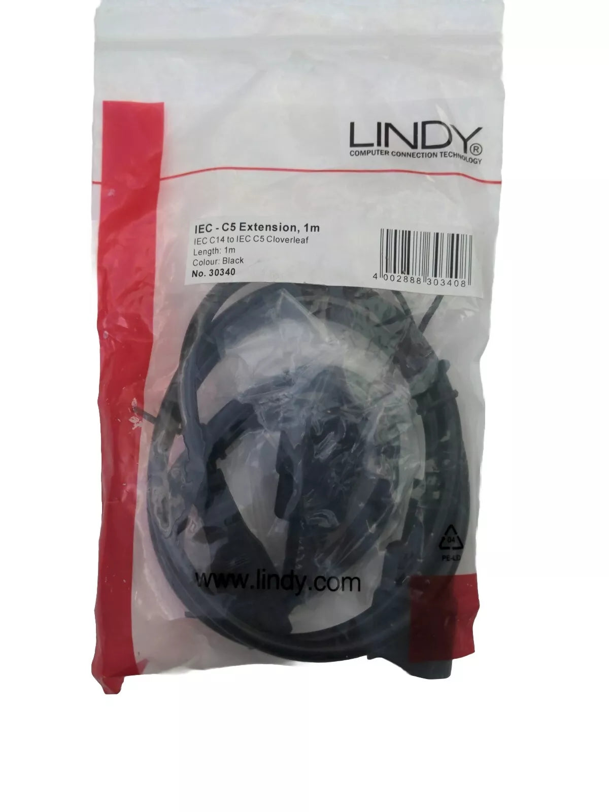 Lindy Power IEC C5 Extension Cable 1m UK 3 Pin IEC C14 to C5 Cloverleaf