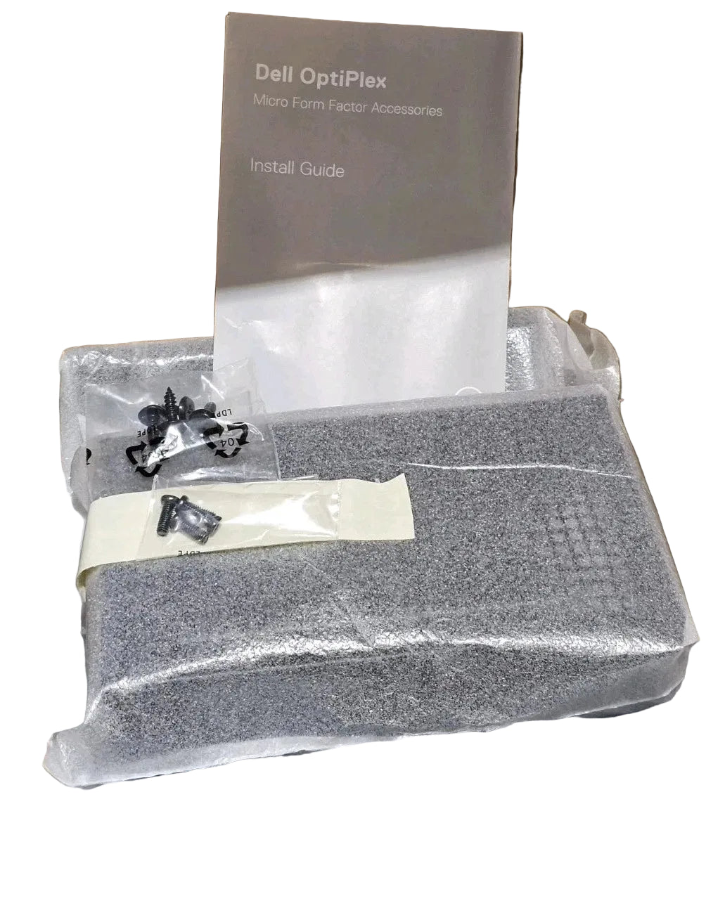 Dell OptiPlex computer components in an open cardboard box with an installation guide.