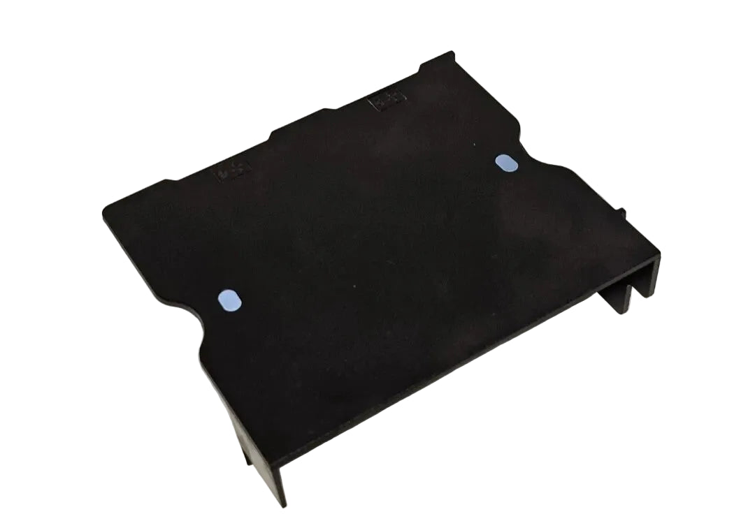 Black metal bracket with two blue screws on a white background
