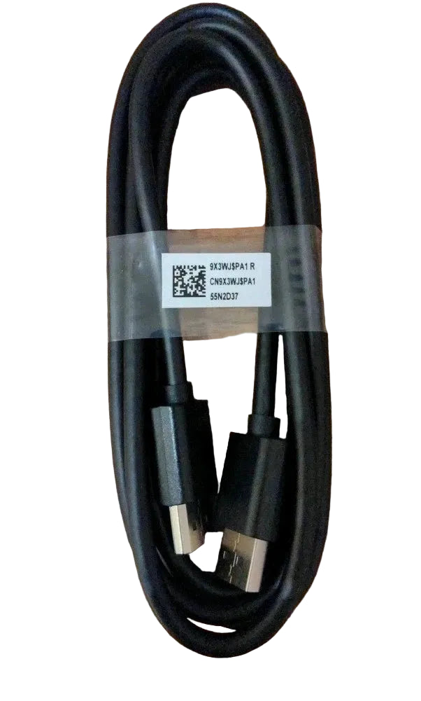 Black USB cable with connectors on a wooden surface