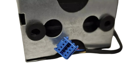 Metal component with black circular holes and a blue connector on a white background