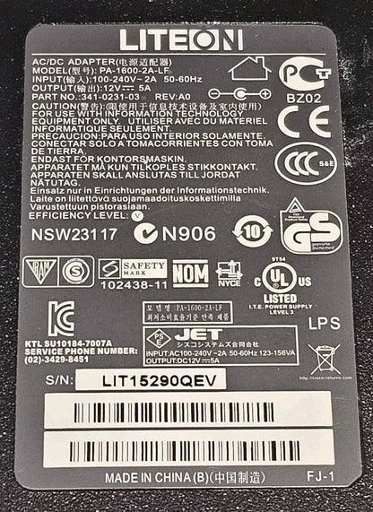 LITEON 60W 12V 5A Straight Pin AC/DC Adapter Charger For Routers