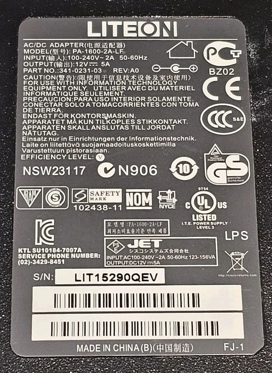 LITEON 60W 12V 5A Straight Pin AC/DC Adapter Charger For Routers