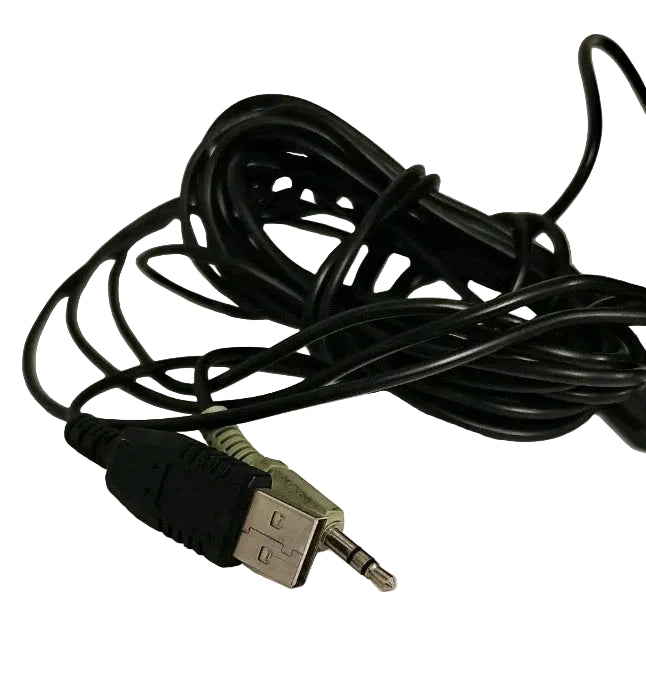 Coiled black audio cable with 3.5mm plug on a white background